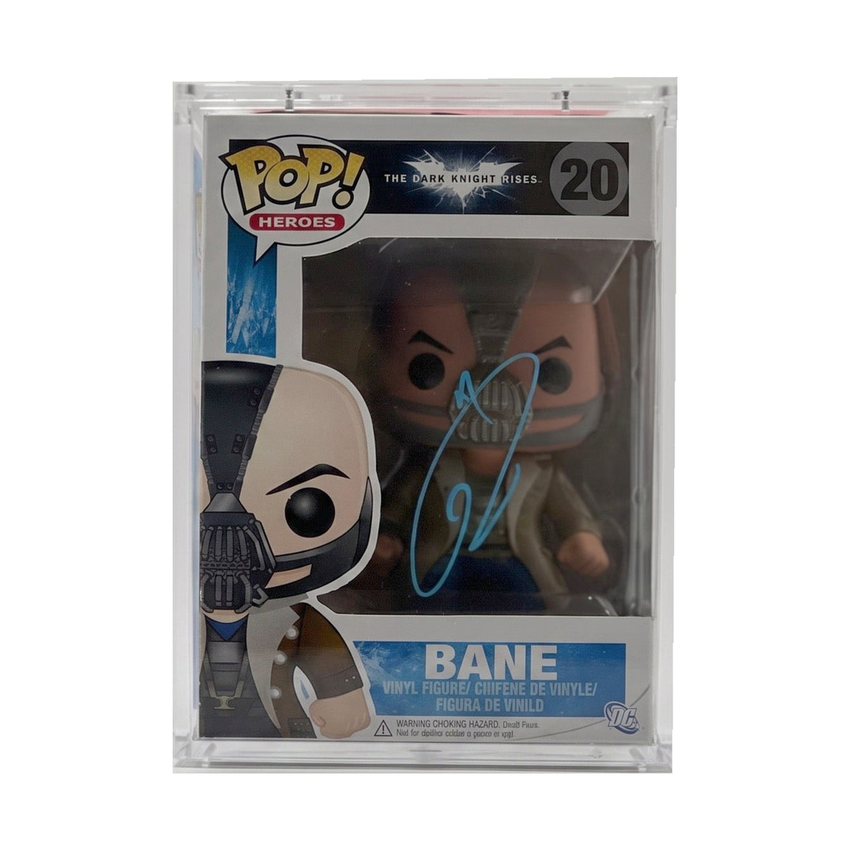 Tom Hardy signed Bane #20 Funko Pop in its original clear protector, centered on a white background.