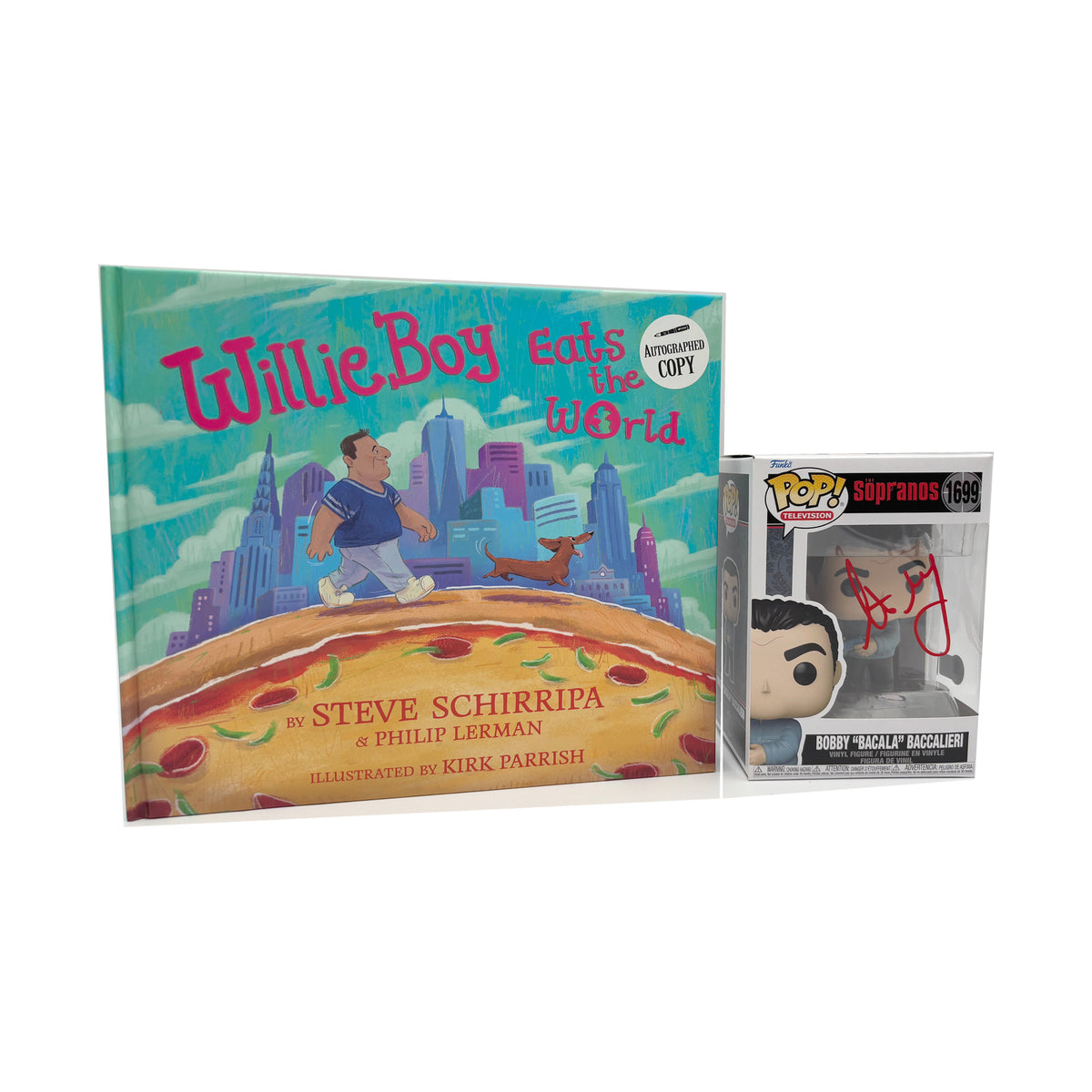 Steve Schirripa Signed Bobby "Bacala" Baccalieri #1699 Funko Pop & WillieBoy Eats the World Bundle