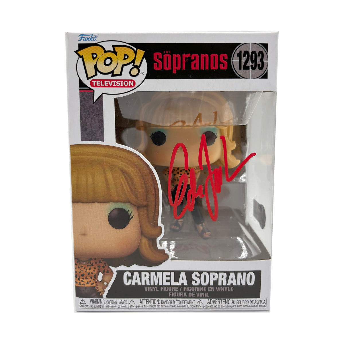 Carmela Soprano #1293 Funko Pop front signed by Edie Falco in red ink
