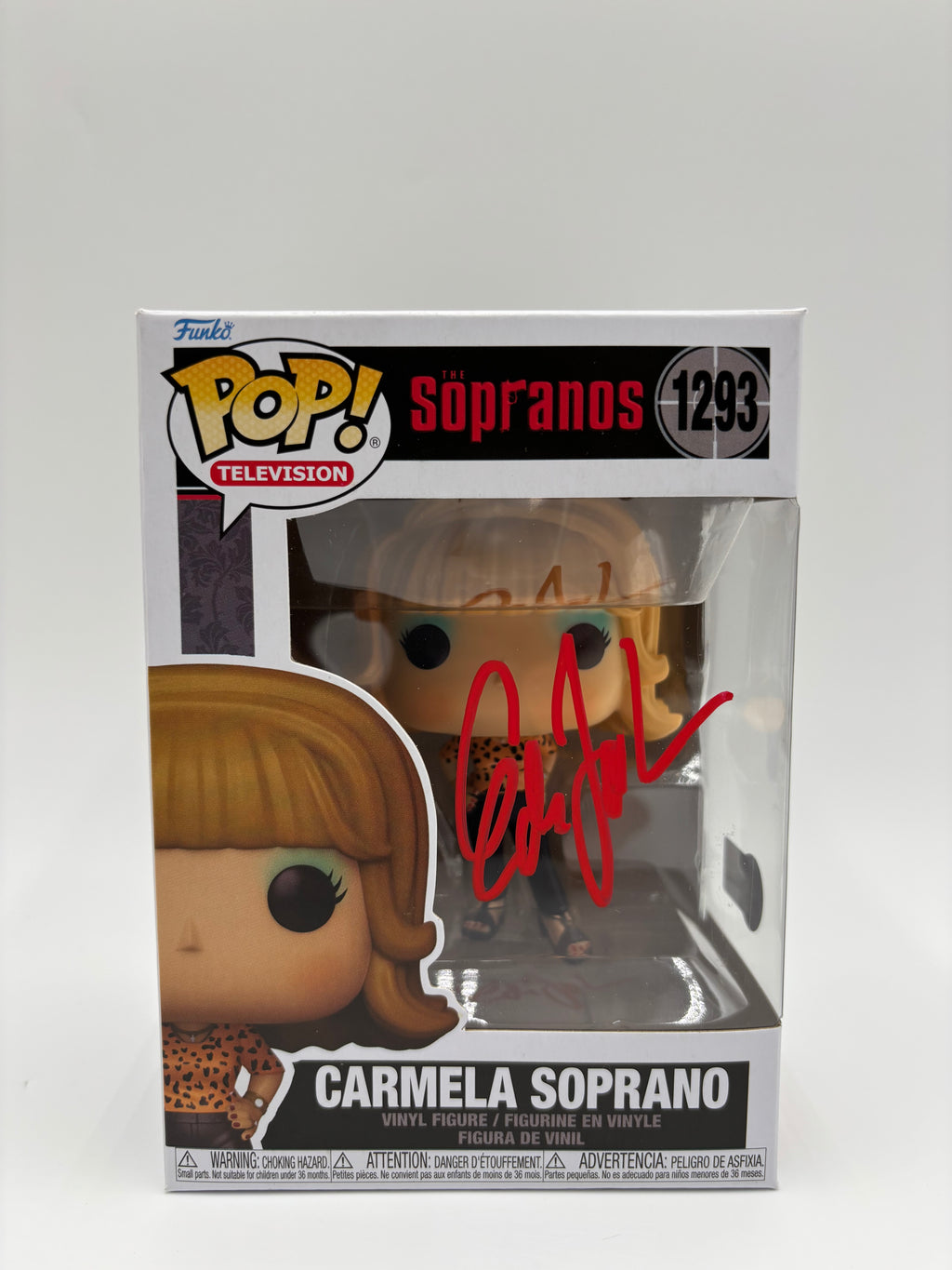 Carmela Soprano #1293 Funko Pop front signed by Edie Falco in red ink