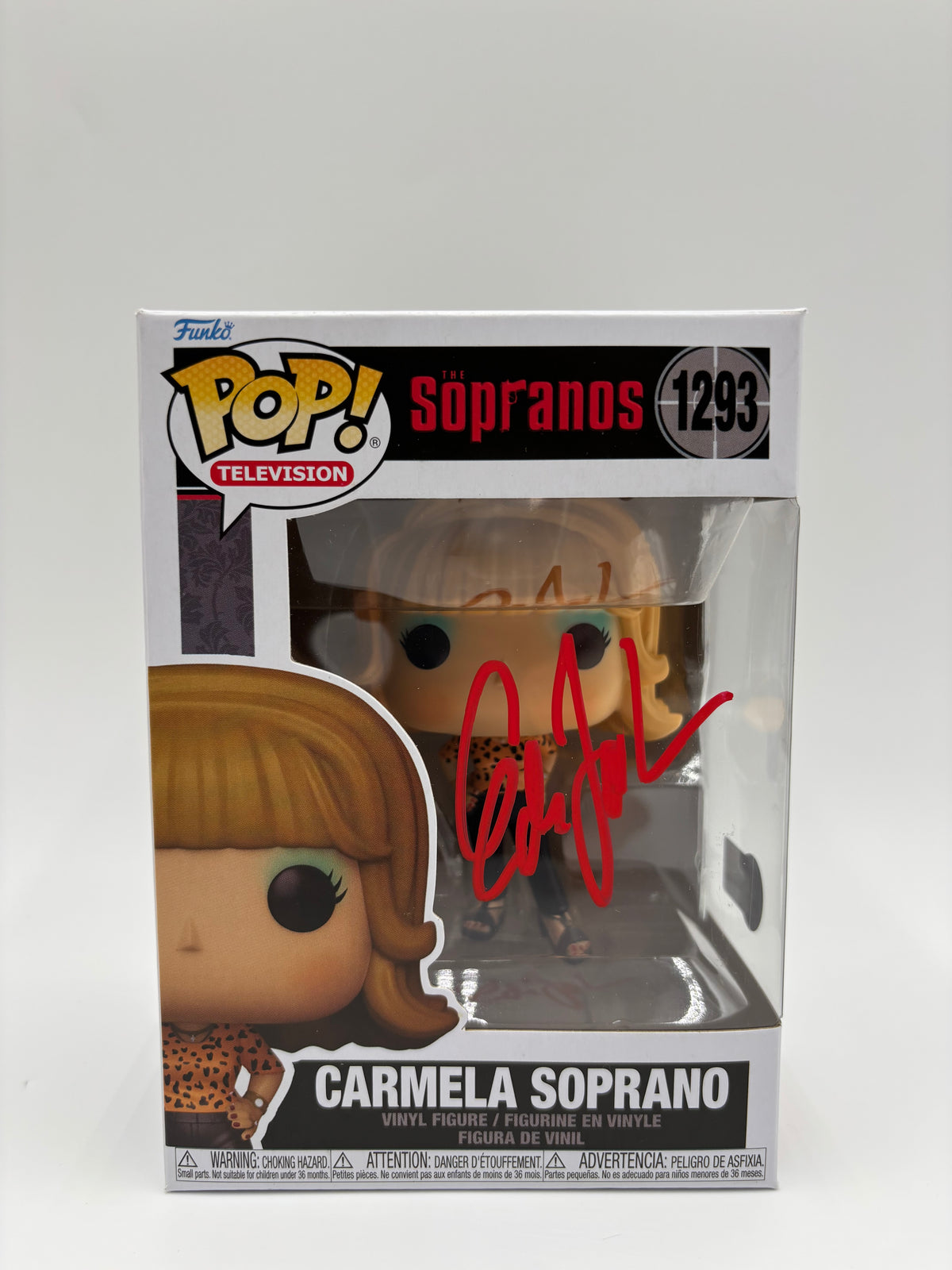 Carmela Soprano #1293 Funko Pop front signed by Edie Falco in red ink