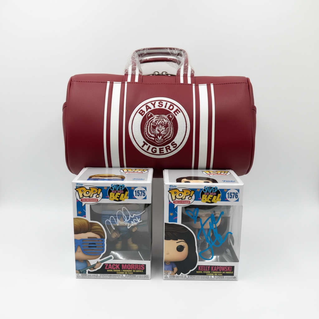 A burgundy and white Bayside Tigers themed Funko Pop! vinyl bag displayed with two autographed signed Pop! Figures (Kamikoothers #1575 and Bellerose #1576) on a white background.