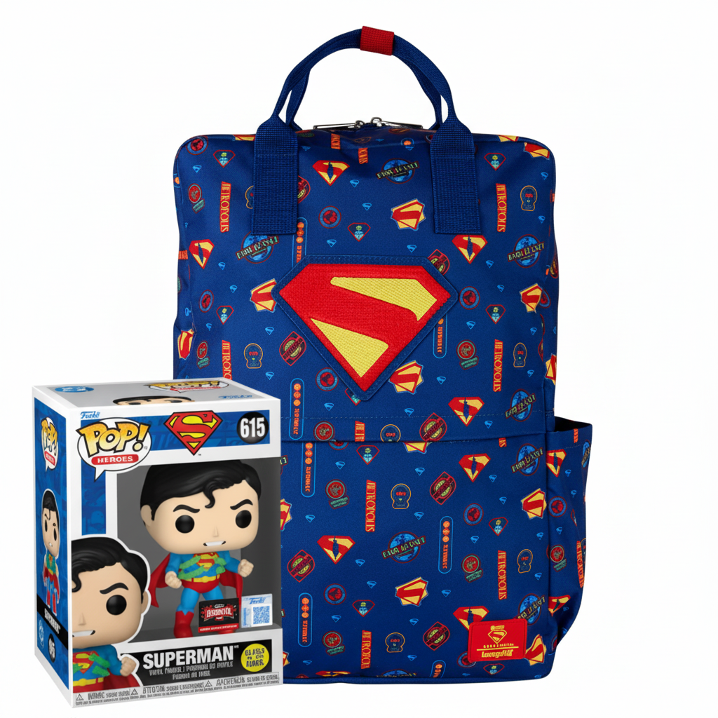 Loungefly DC Comics Superman All-Over Print Full-Size Backpack with Superman Funko Pop #615