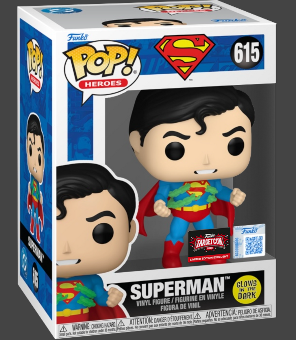 Loungefly DC Comics Superman All-Over Print Full-Size Backpack + Funko Pop! Superman #615 Breaking Chains GITD (Target Con 2026 Exclusive) Bundle