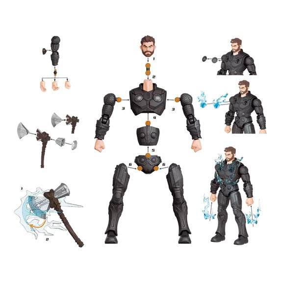 Thor model kit assembly and included heads, hands, Stormbreaker and lightning effects