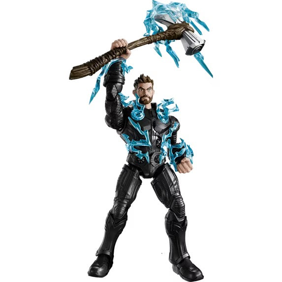 Thor model posed with Stormbreaker overhead and blue lightning effects