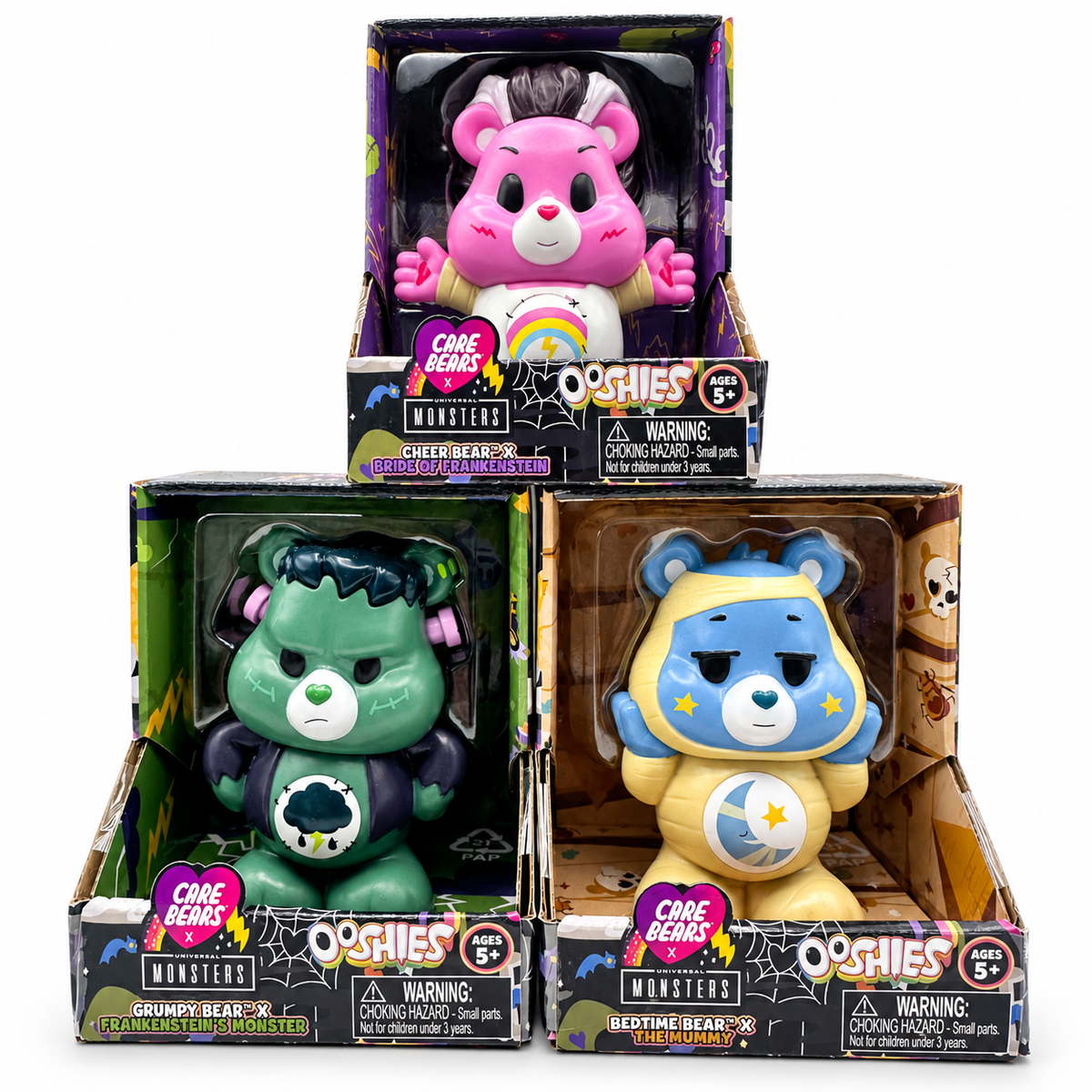 Care Bears x Universal Monsters Ooshies set: Cheer Bear as Bride of Frankenstein, Grumpy Bear as Frankenstein's Monster, and Bedtime Bear as The Mummy