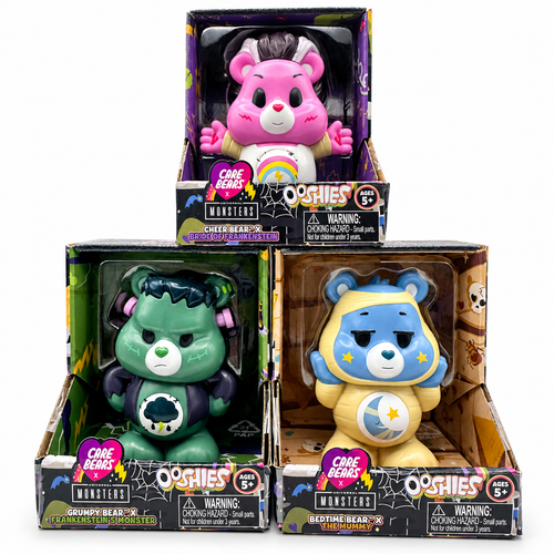 Care Bears x Universal Monsters Ooshies set: Cheer Bear as Bride of Frankenstein, Grumpy Bear as Frankenstein's Monster, and Bedtime Bear as The Mummy