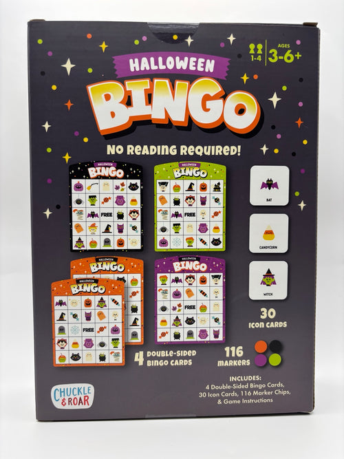 Chuckle & Roar Halloween Bingo game box back showing contents