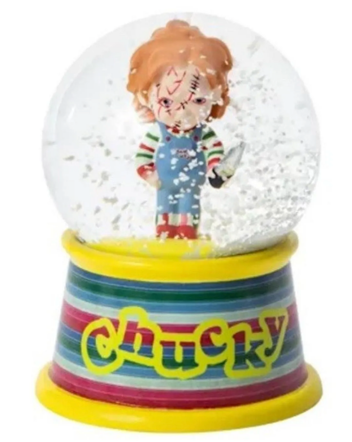 Chucky mini snow globe with striped base and yellow Chucky lettering