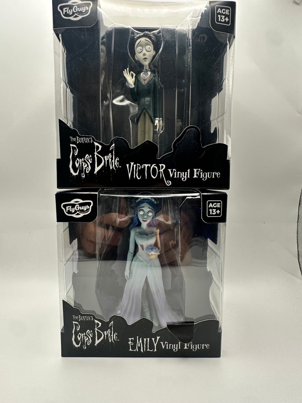CultureFly FlyGuys Corpse Bride Victor and Emily vinyl figures in their individual boxes, front view
