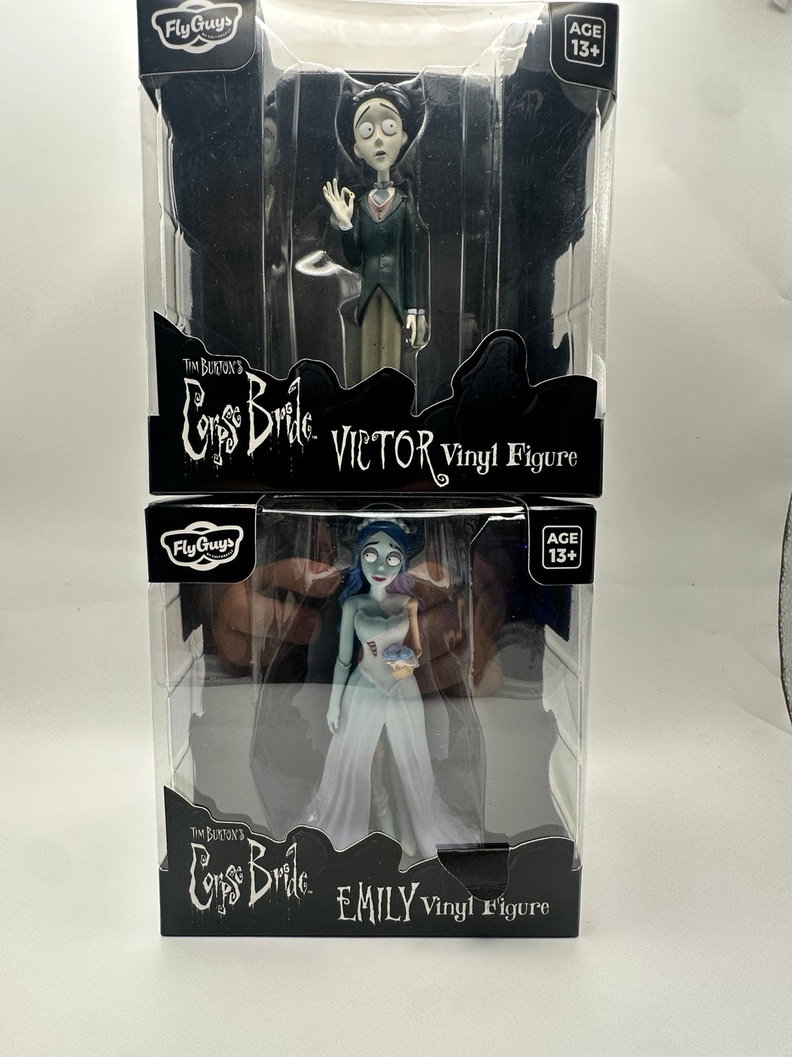 CultureFly FlyGuys Corpse Bride Victor and Emily vinyl figures in their individual boxes, front view