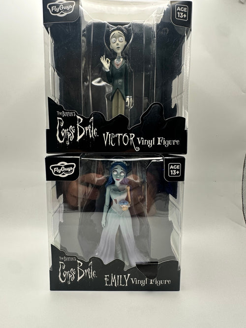 CultureFly FlyGuys Corpse Bride Victor and Emily vinyl figures in their individual boxes, front view