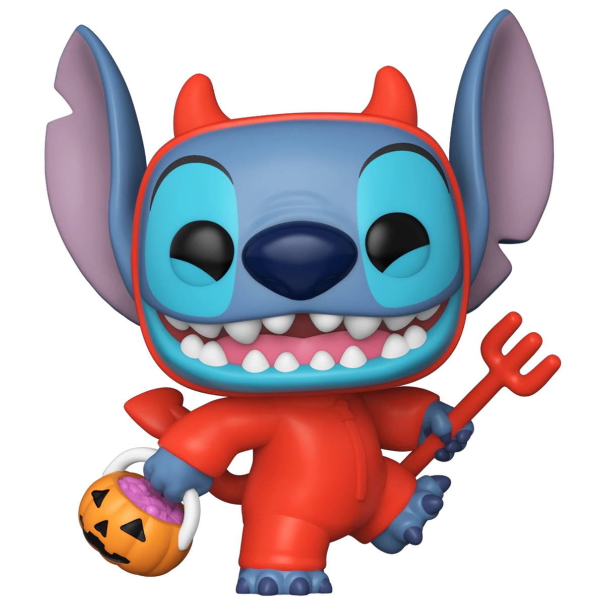 Devilish Stitch Funko Pop! 1701 wearing a red devil costume with a pitchfork and pumpkin candy pail