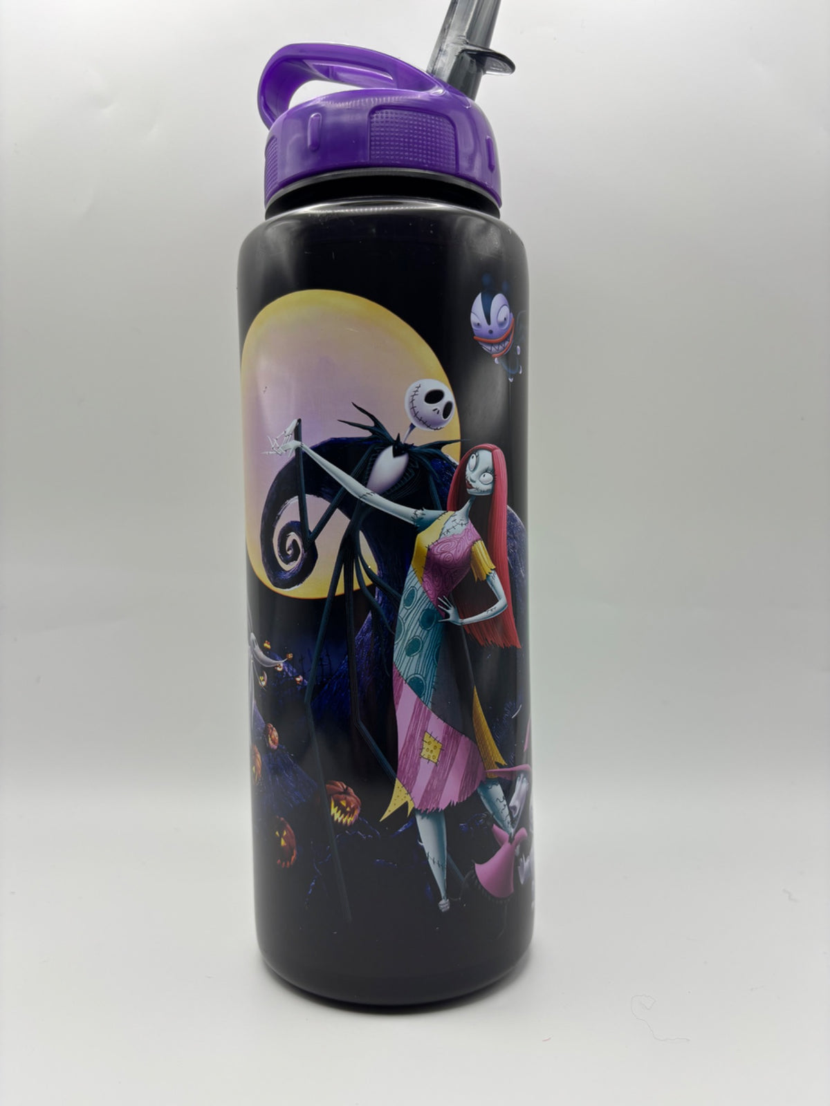 Front of Disney Nightmare Before Christmas character water bottle with Jack Skellington and Sally