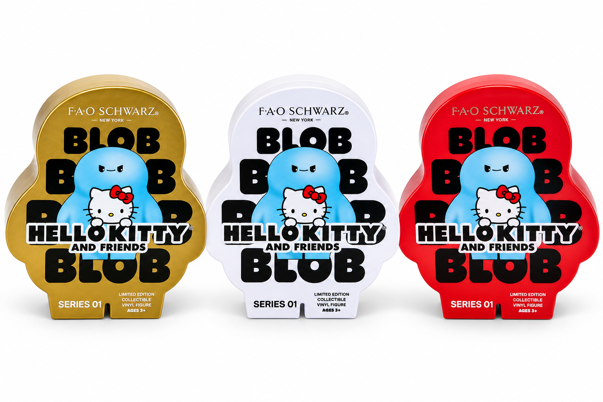 FAO Schwarz Hello Kitty and Friends Blob Series 01 three-box gift bundle with one gold, one white, and one red sealed container