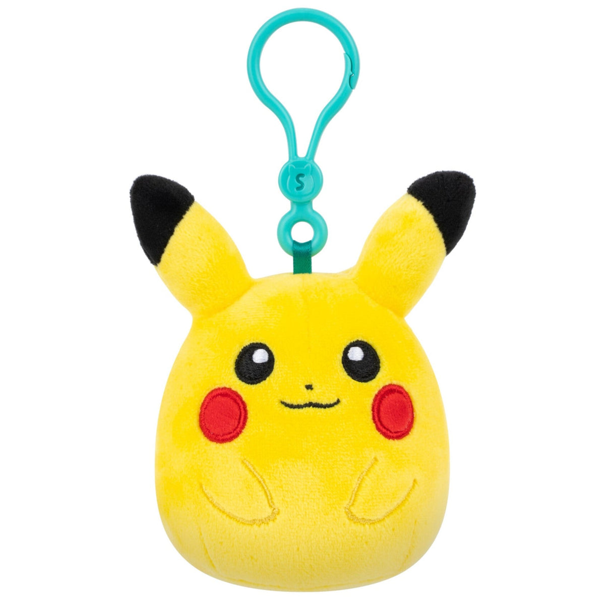 Pokémon Pikachu Squishmallows plush bag clip on a white background — manufacturer image