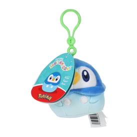 Piplup Squishmallows plush bag clip — tag view on white background