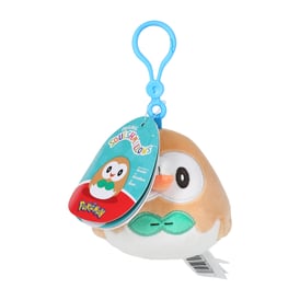 Rowlet Squishmallows plush bag clip — tag view on white background