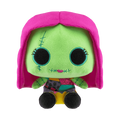 Funko Sally Black Light plush with neon green face, pink hair and patchwork dress