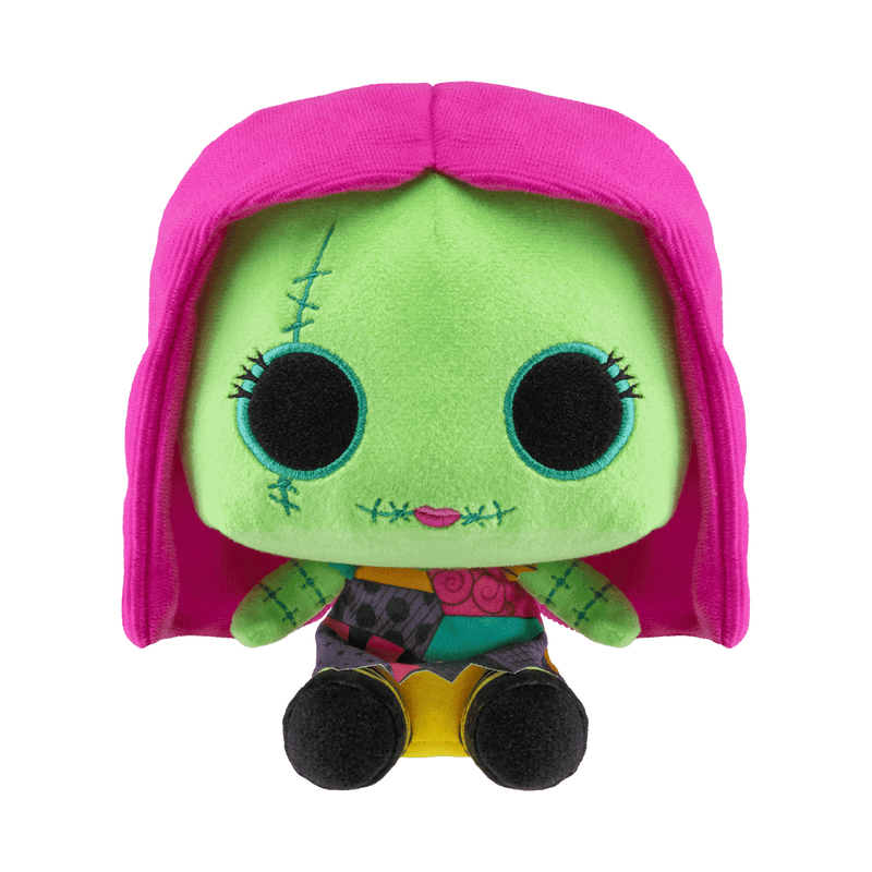 Funko Sally Black Light plush with neon green face, pink hair and patchwork dress