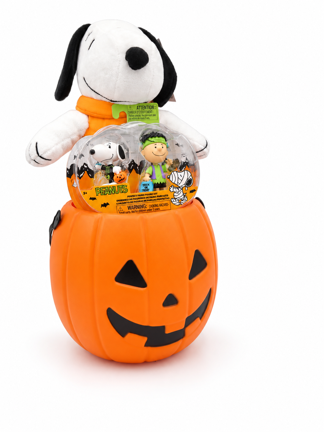 Snoopy Halloween plush and Peanuts Perfect Pairs Snoopy and Charlie Brown figures arranged in an orange pumpkin gift pail