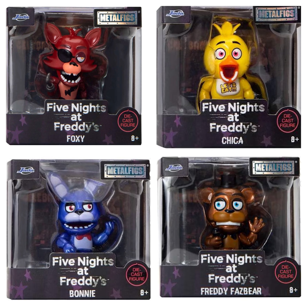 Five Nights at Freddy's Jada Metalfigs four-piece boxed figure set with Foxy, Chica, Bonnie, and Freddy Fazbear