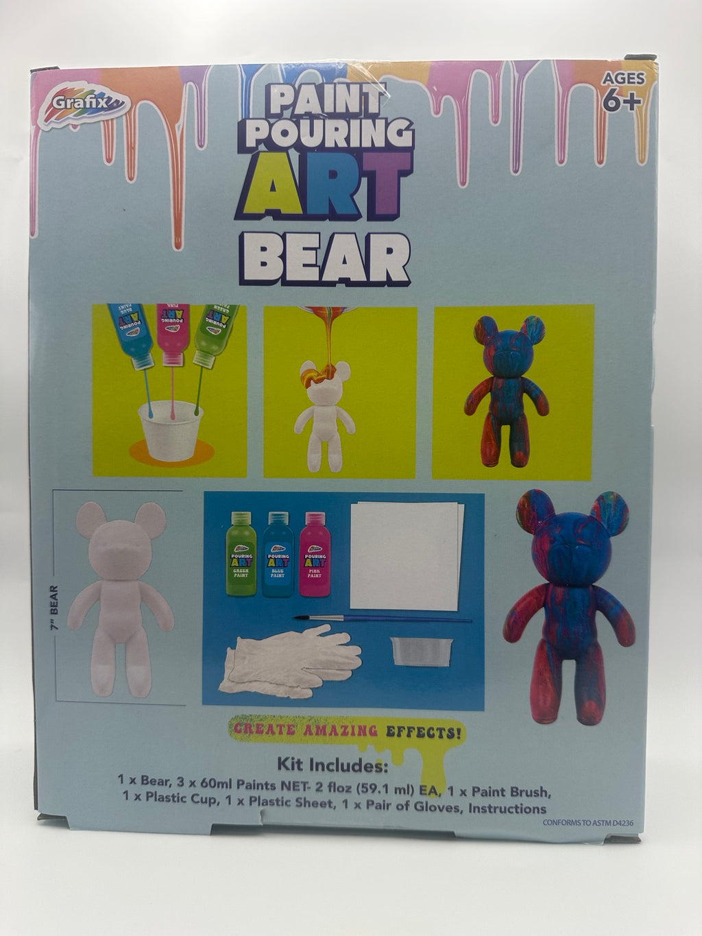 Back of Grafix Paint Pouring Art Bear box showing kit contents and painting steps