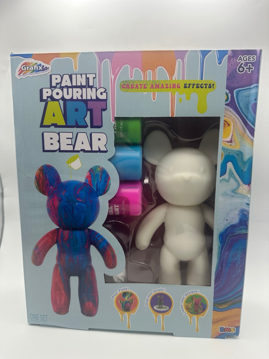 Grafix Paint Pouring Art Bear craft kit with seven-inch bear and three paint colors, front of box