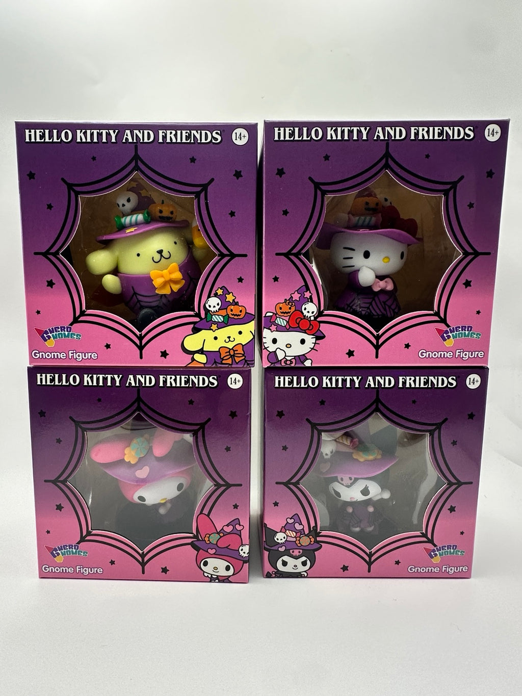 Hello Kitty, My Melody, Kuromi and Pompompurin Halloween Nerd Gnomes set of four in their boxes