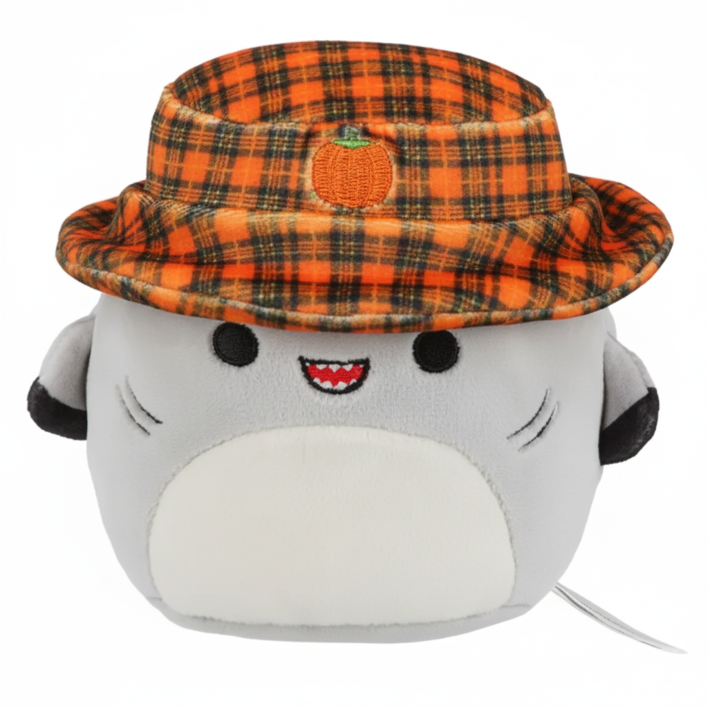 Squishmallows Halloween Gordon shark plush 5 inch with plaid pumpkin bucket hat