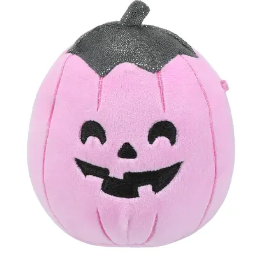Sparkle the pink pumpkin Squishmallow 5 inch Halloween plush with glitter black stem front view