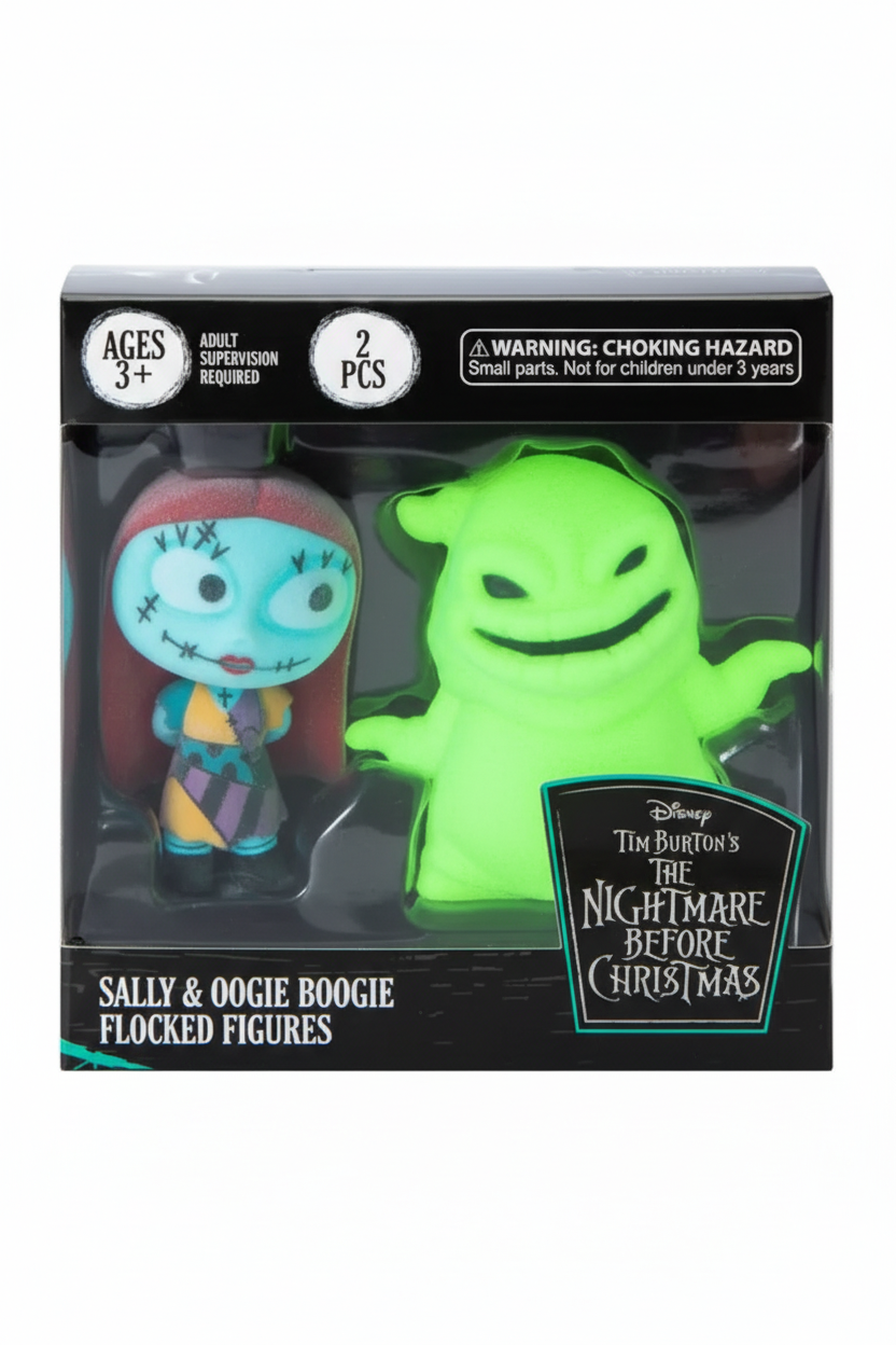 Sally and Oogie Boogie Nightmare Before Christmas flocked figures 2-pack collector window box packaging