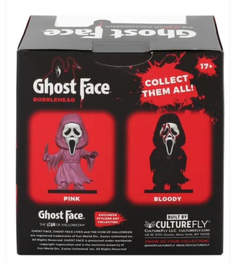 Ghost Face Bobblehead series back of box showing Pink and Bloody variants