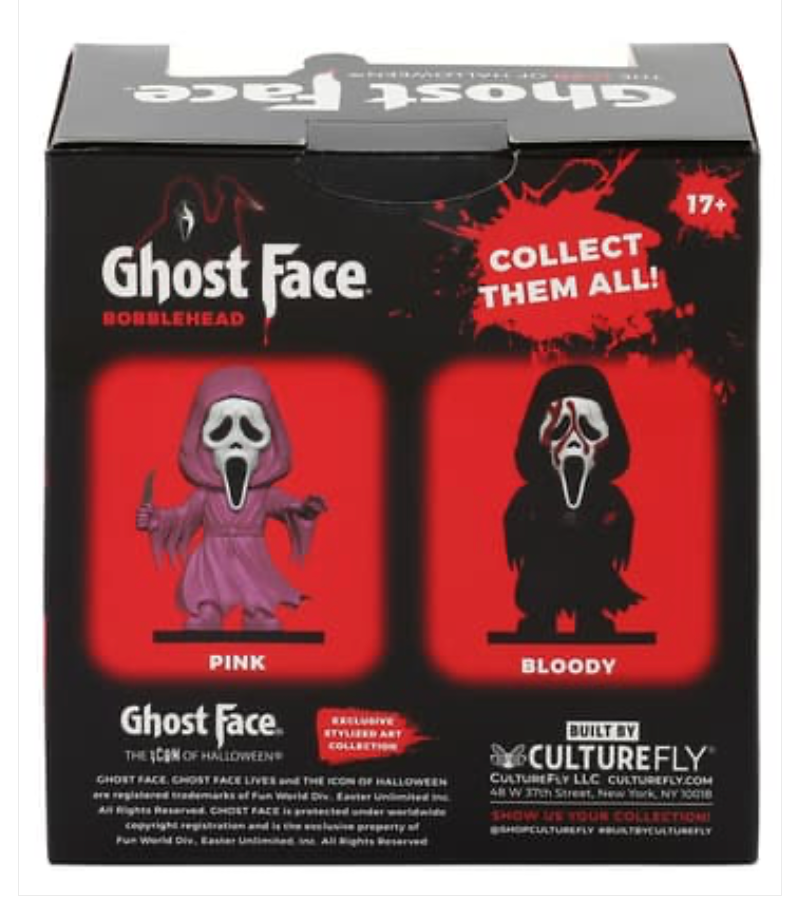 Ghost Face Bobblehead series back of box showing Pink and Bloody variants