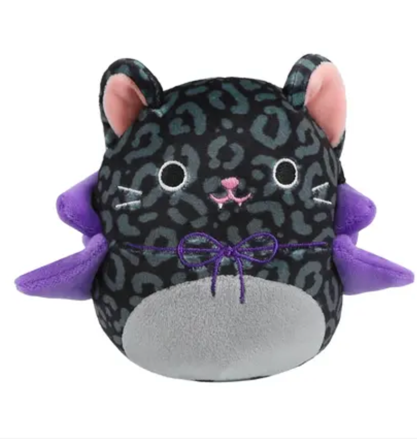 Xiomara the leopard print vampire cat Squishmallow 5 inch Halloween plush with purple bat wings and bow tie front view