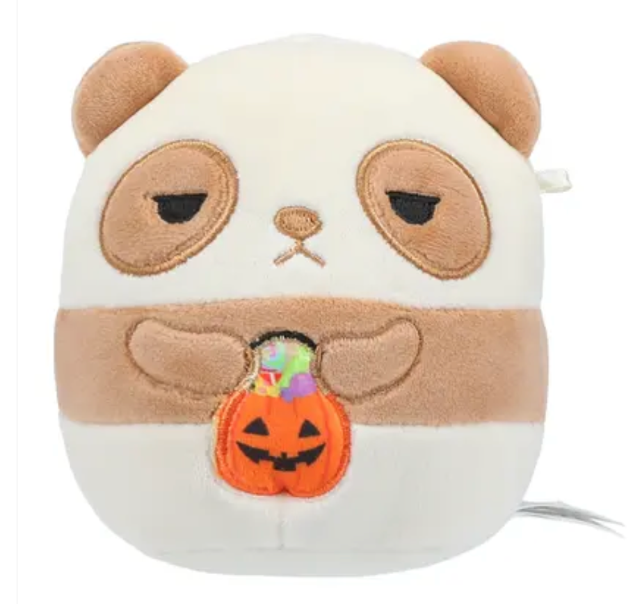 Guerra the panda Squishmallow 5 inch Halloween plush holding jack-o-lantern candy bucket front view