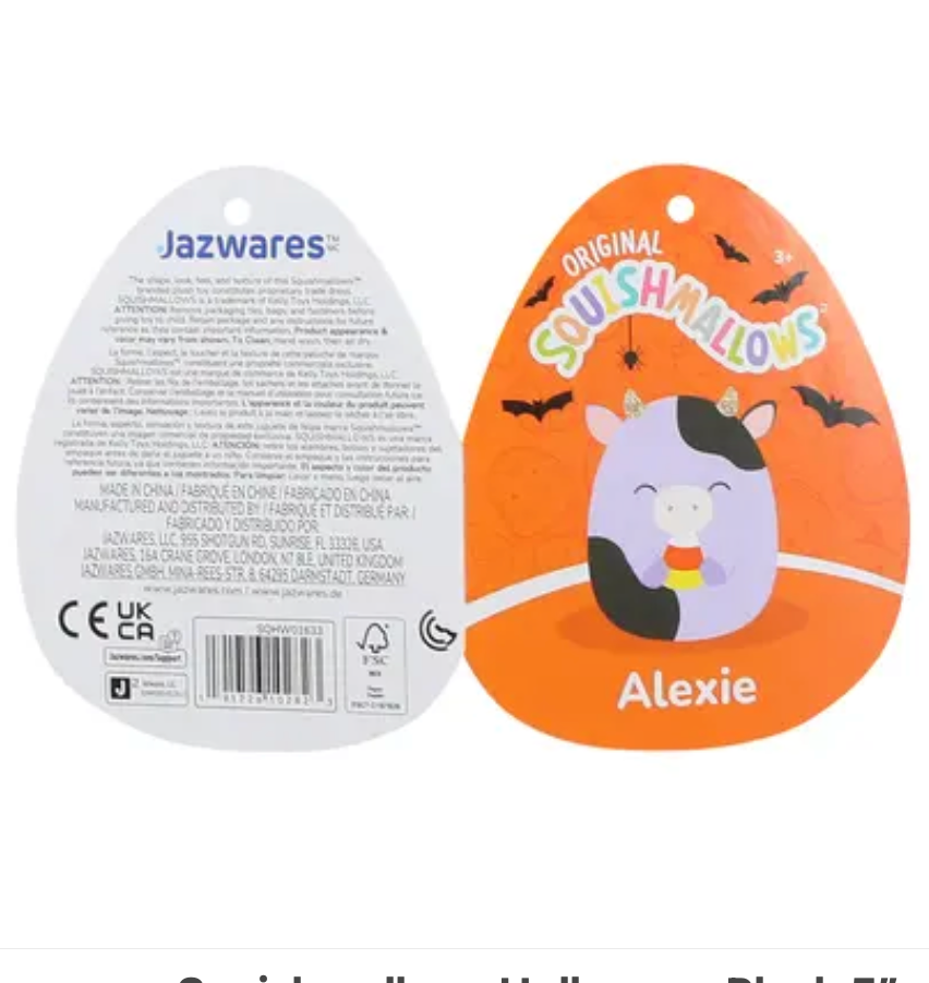 Squishmallows Halloween Alexie tag front and back Jazwares