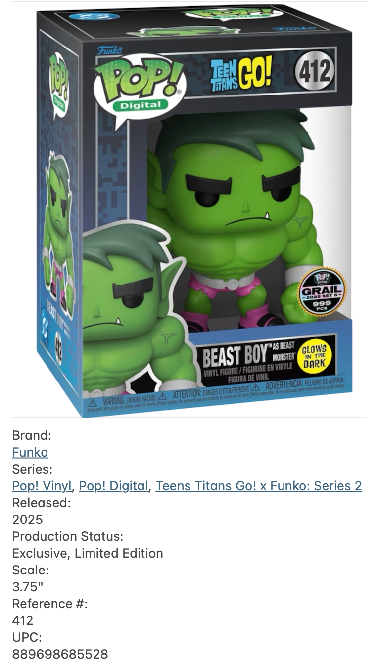 Funko Pop Teen Titans Go Beast Boy as Beast Monster #412 Glow in the Dark