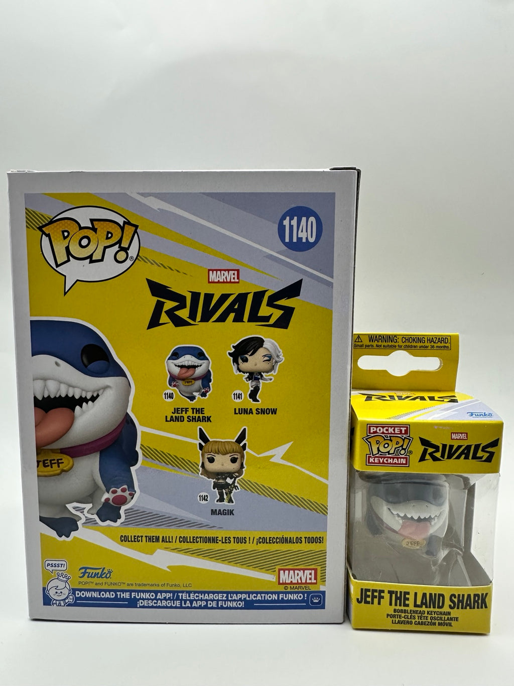 Back of the Jeff the Land Shark Pop number 1140 box beside the matching boxed Pocket Pop keychain