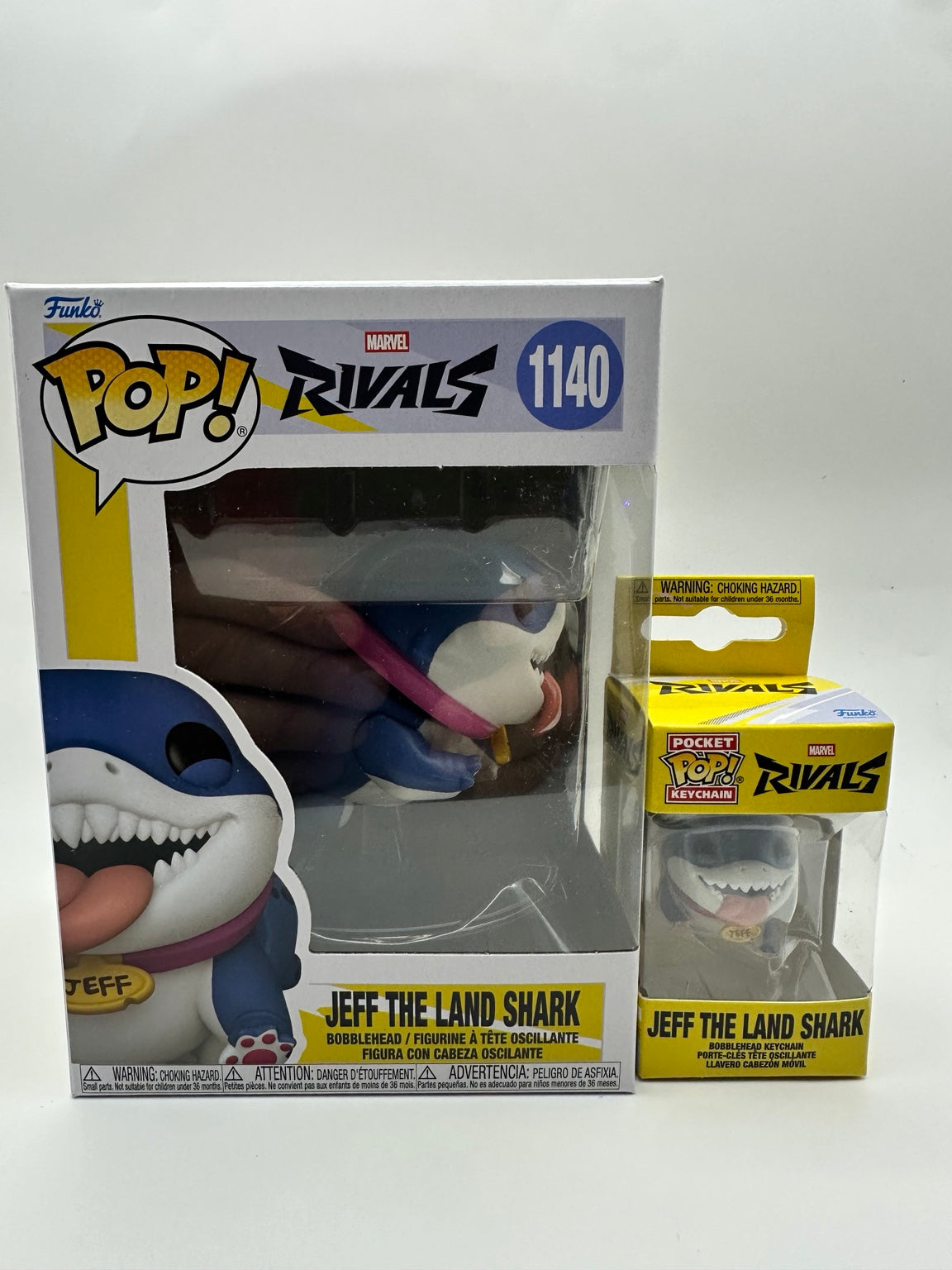 Front of Marvel Rivals Jeff the Land Shark Pop number 1140 and matching Pocket Pop keychain gift set
