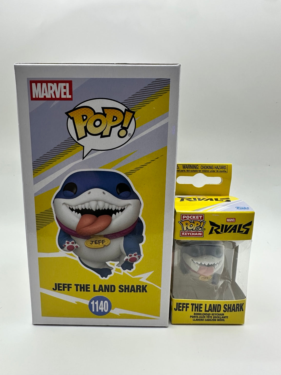 Side of the Jeff the Land Shark Pop number 1140 box beside the matching boxed Pocket Pop keychain