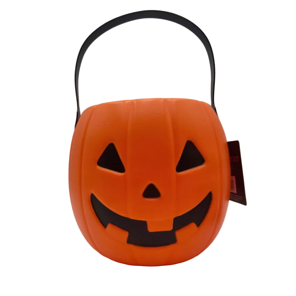 Orange jack-o-lantern trick-or-treat bucket with black handle