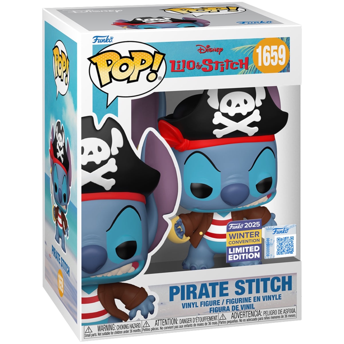 Pirate Stitch Funko Pop! 1659 window box with 2025 Winter Convention Limited Edition sticker