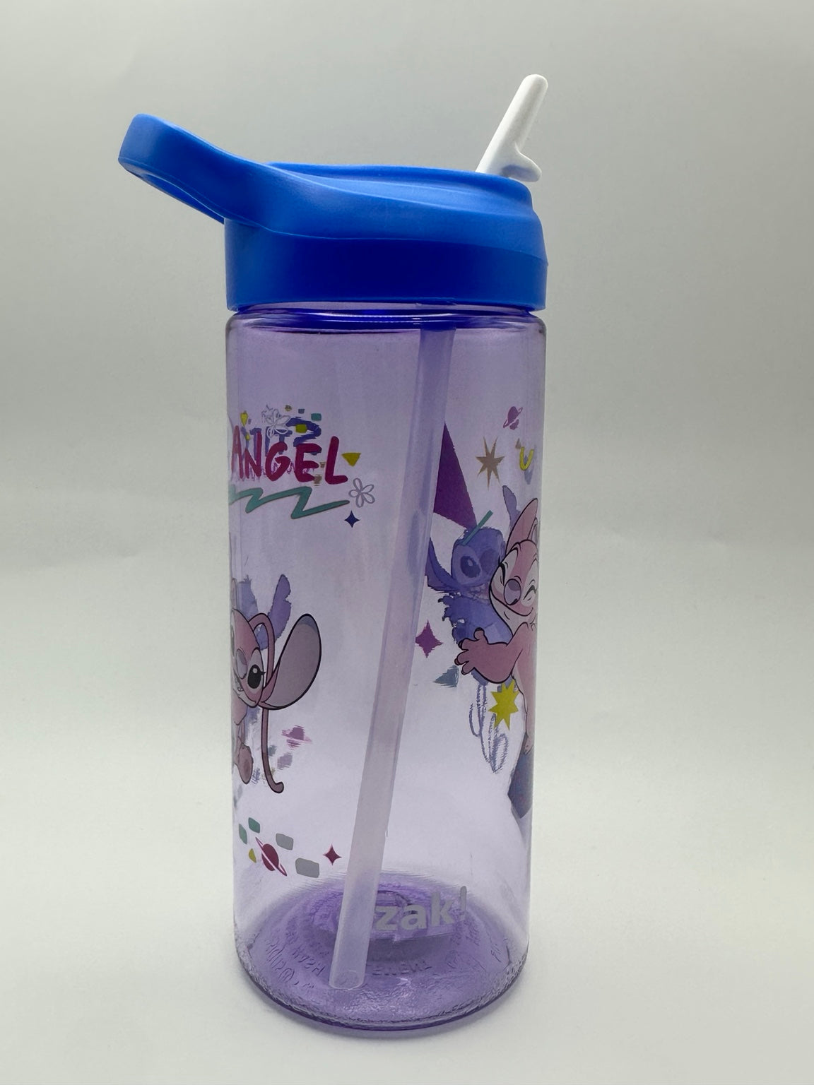 Stitch and Angel water bottle showing the flip-up drinking spout and straw