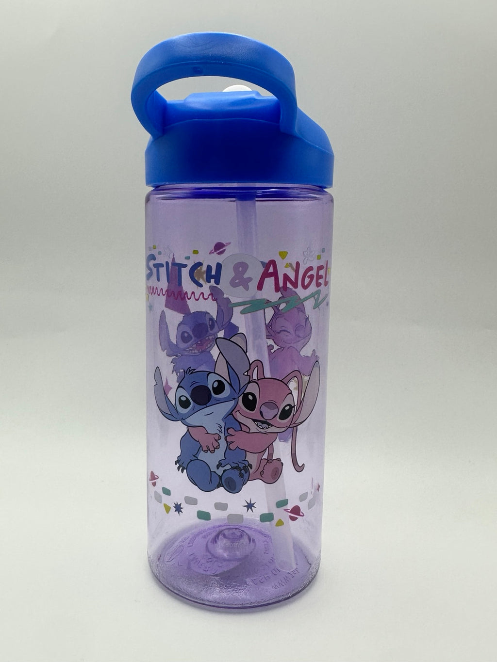 Included purple Stitch and Angel water bottle with blue carry handle lid