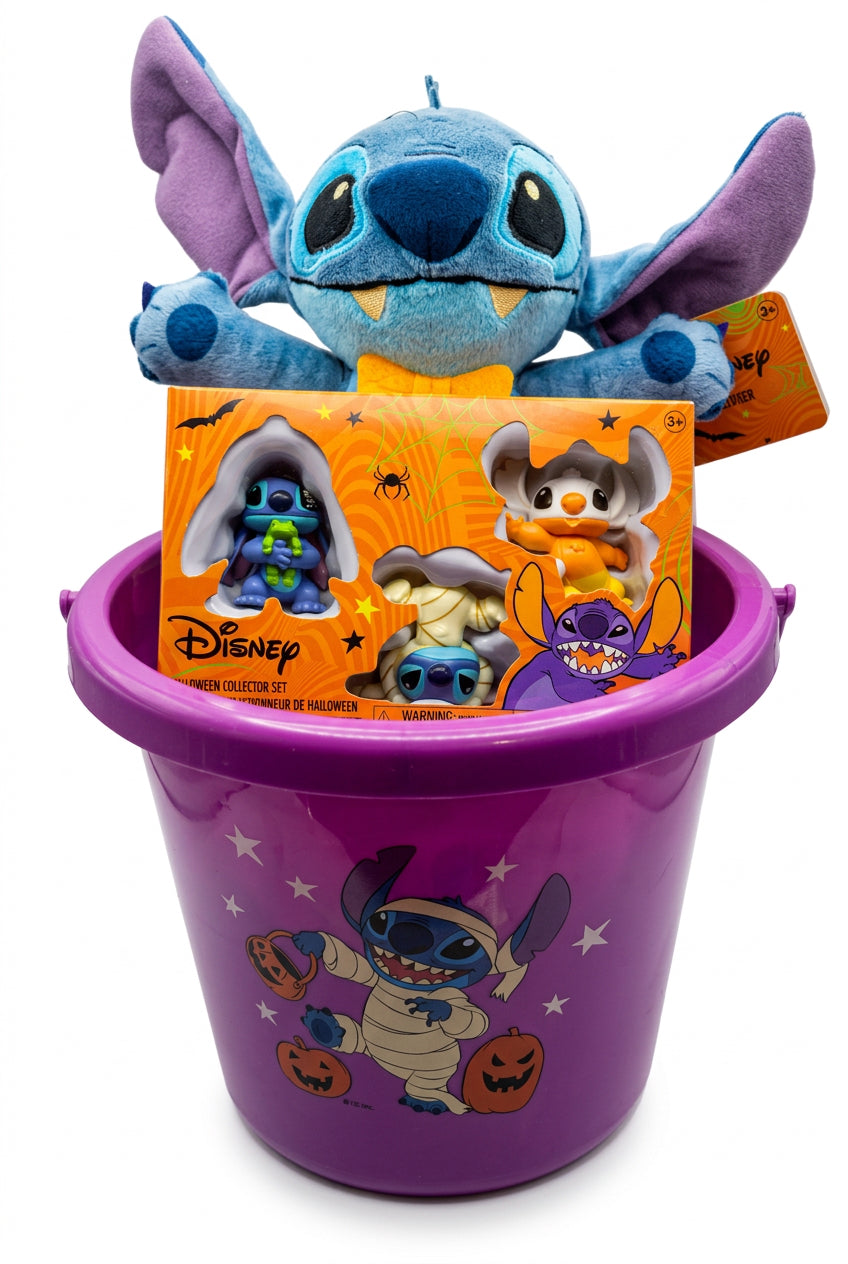 Complete Stitch Halloween gift bucket with vampire plush and boxed three-figure collector set