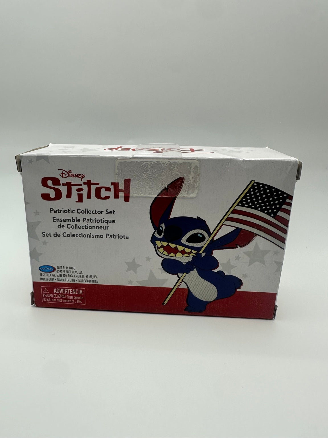 Back of the Just Play Disney Stitch Patriotic Collector Set packaging