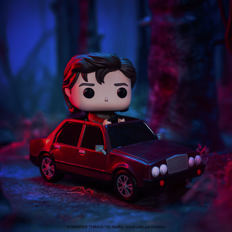 Steve Harrington Funko Pop! Rides #137 displayed in a red and blue woodland scene