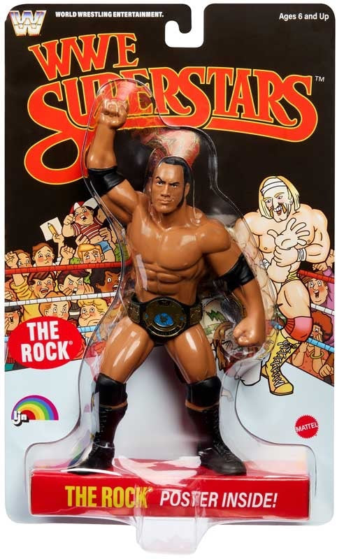 WWE LJN Superstars The Rock Black Card Chase figure with championship belt and poster in original packaging